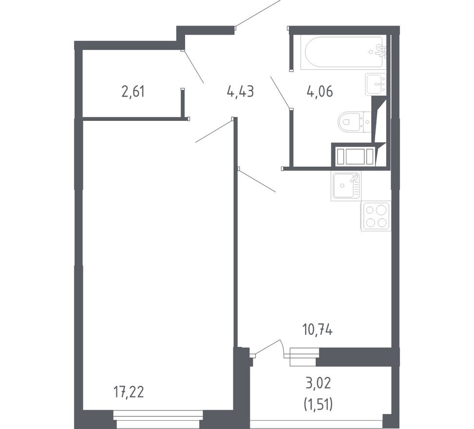 1к. квартира, 40.6 м²