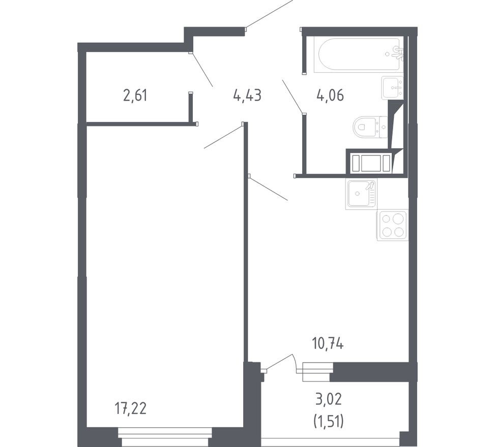 1к. квартира, 40.6 м²