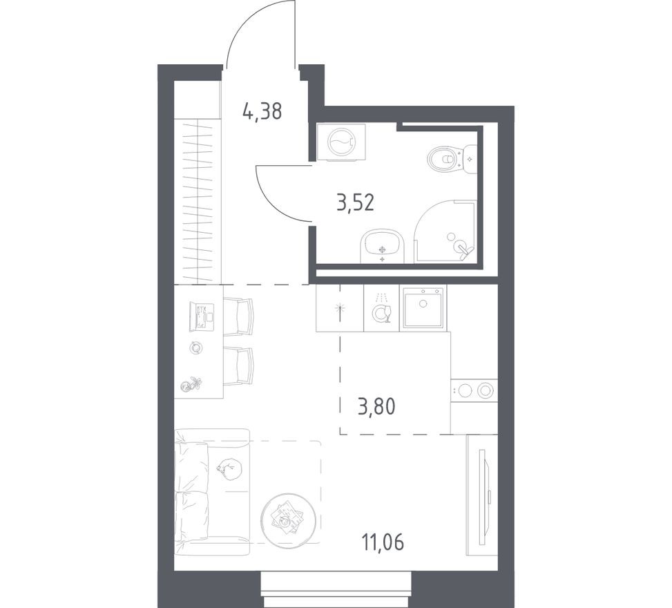 Студия-квартира, 22.8 м²