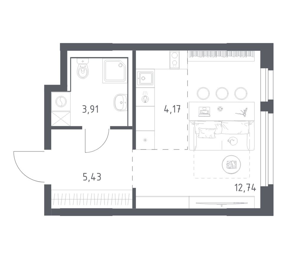 Студия-квартира, 26.3 м²