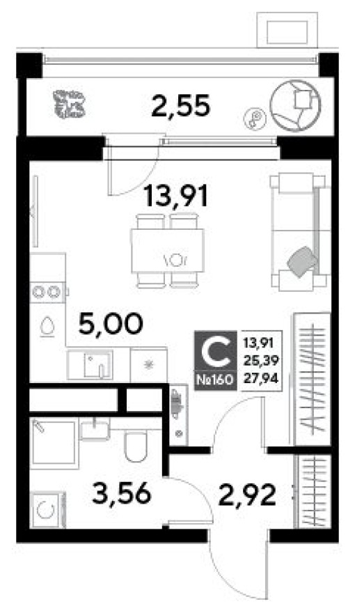 Студия-квартира, 27.9 м²