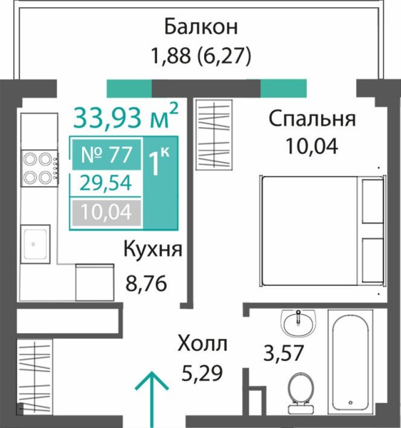 1к. квартира, 29.5 м²