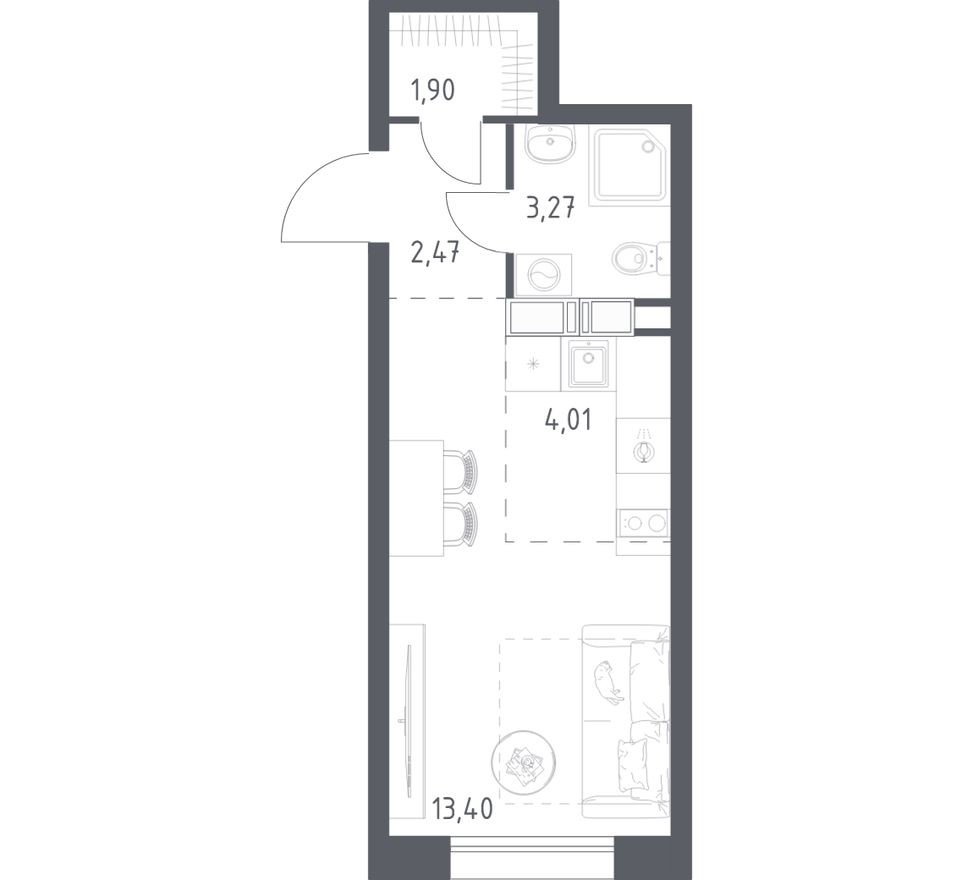 Студия-квартира, 25.1 м²