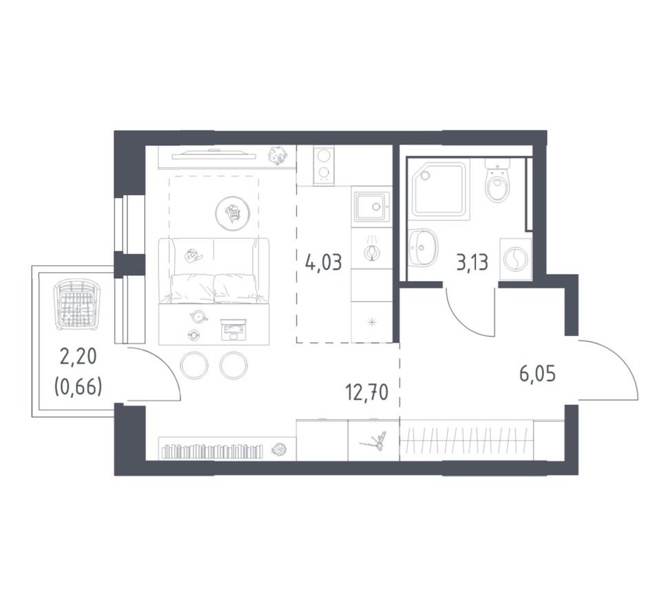 Планировка — Студия-квартира, 26.6 м²