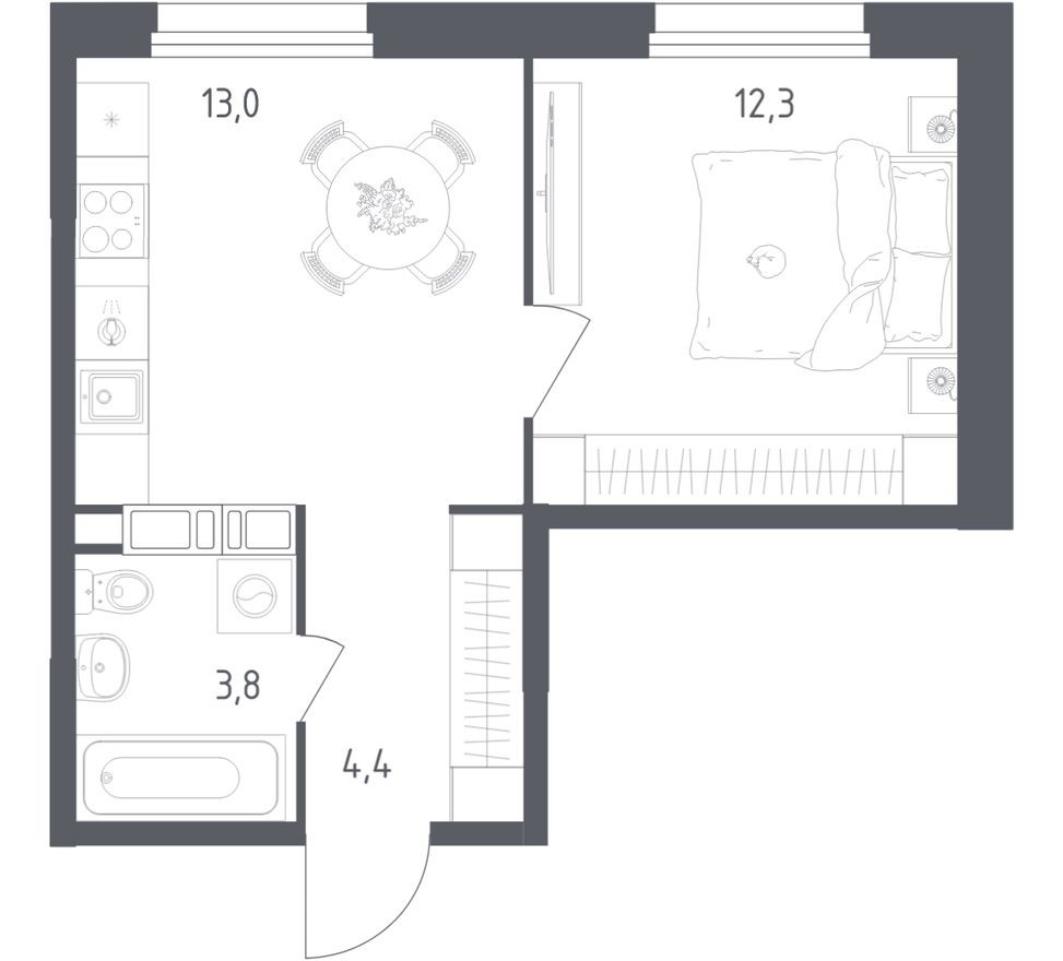 1к. квартира, 33.5 м²