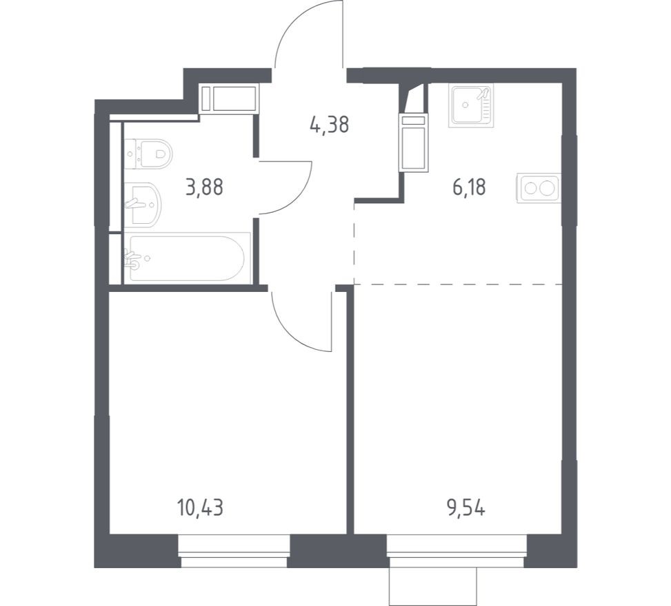 1к. квартира, 34.4 м²