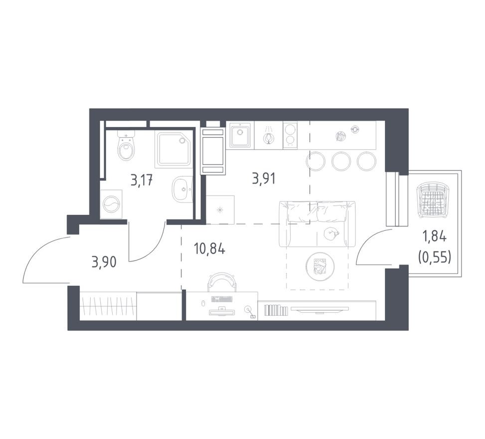 Студия-квартира, 22.4 м²