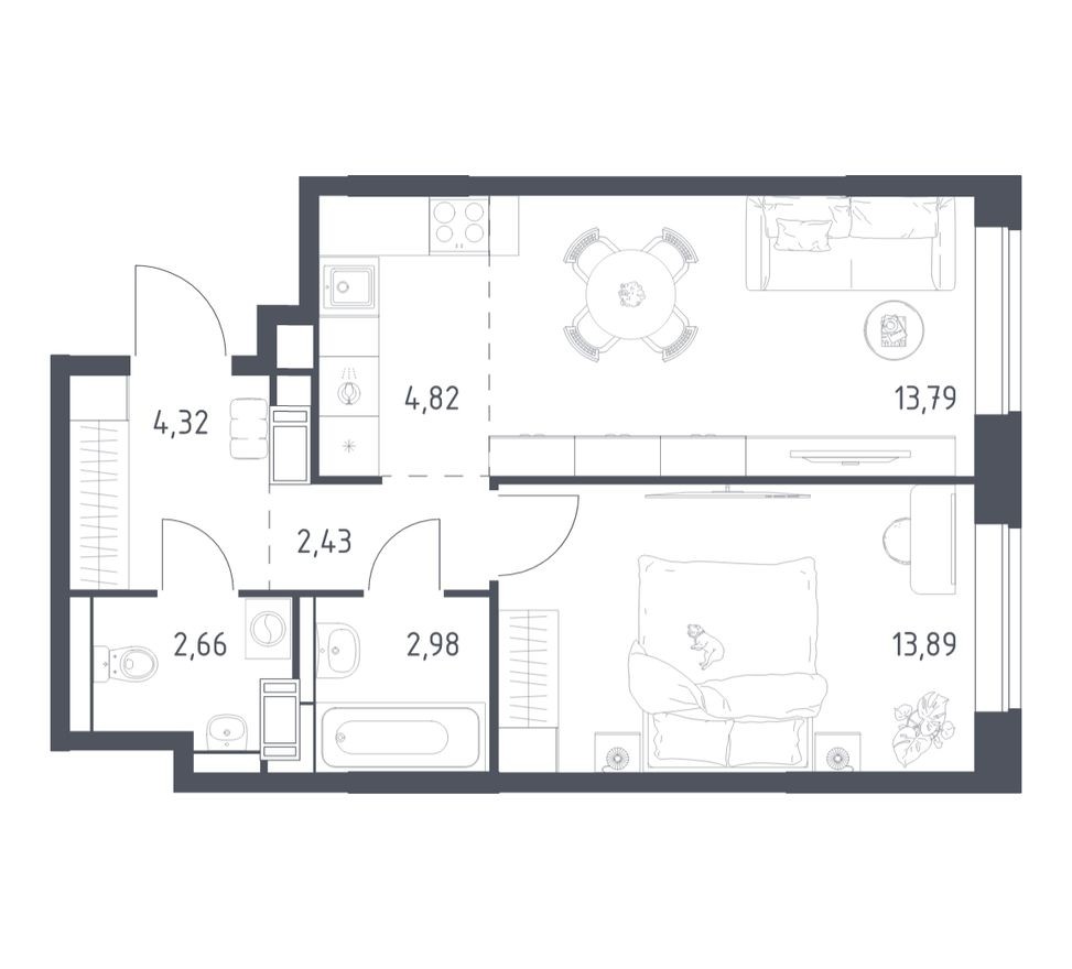 1к. квартира, 43.9 м²