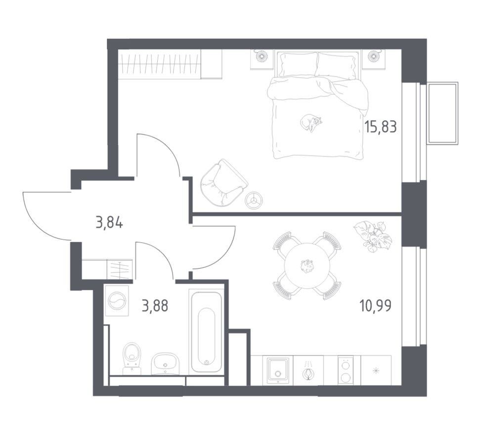 1к. квартира, 34.0 м²