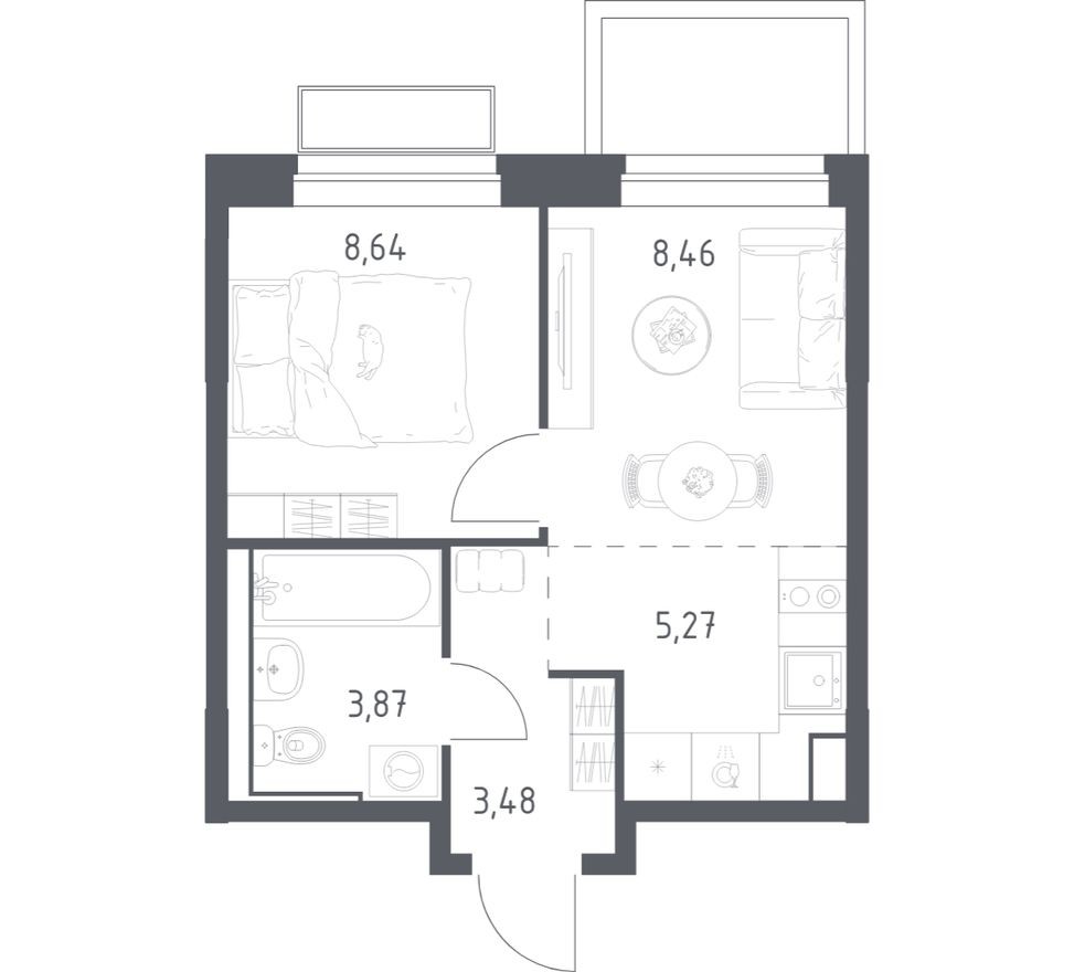 1к. квартира, 29.7 м²