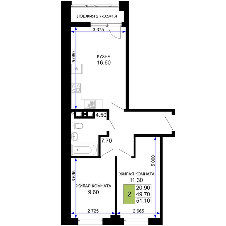 2к. квартира, 51.1 м²