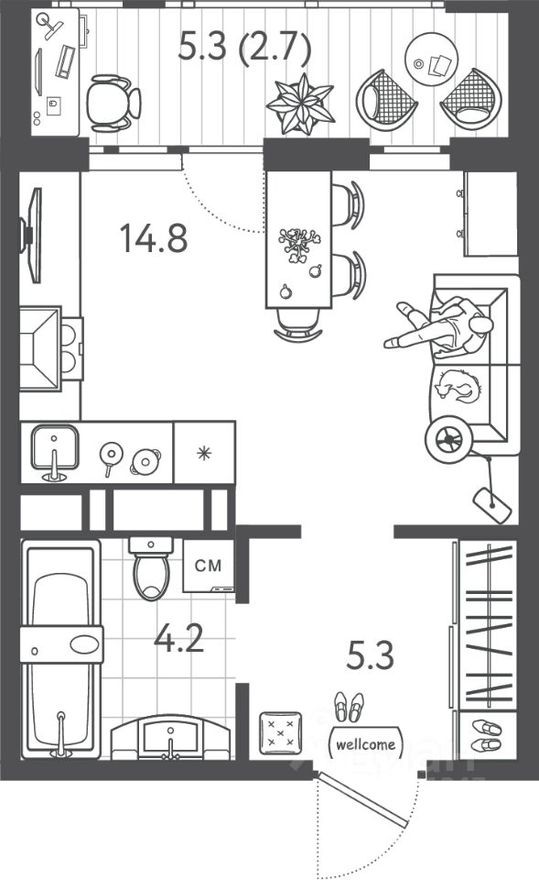 1к. квартира, 26.9 м²
