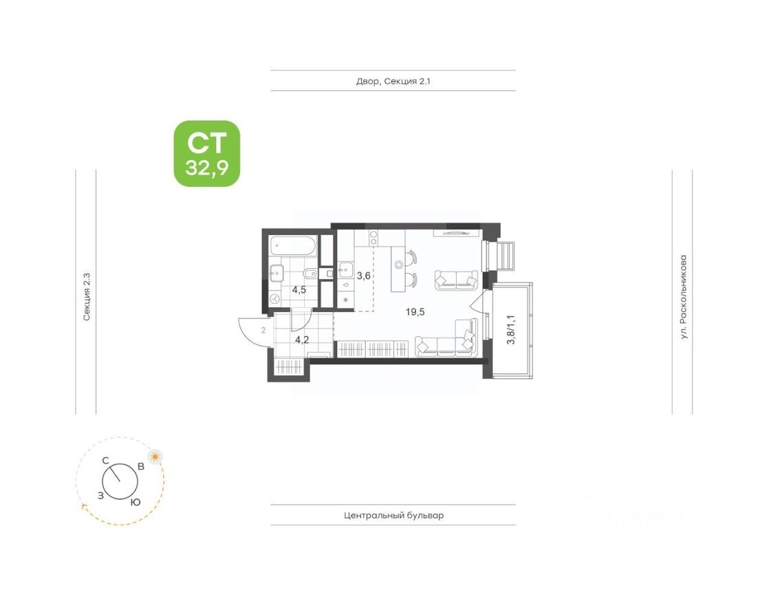 1к. квартира, 32.9 м²