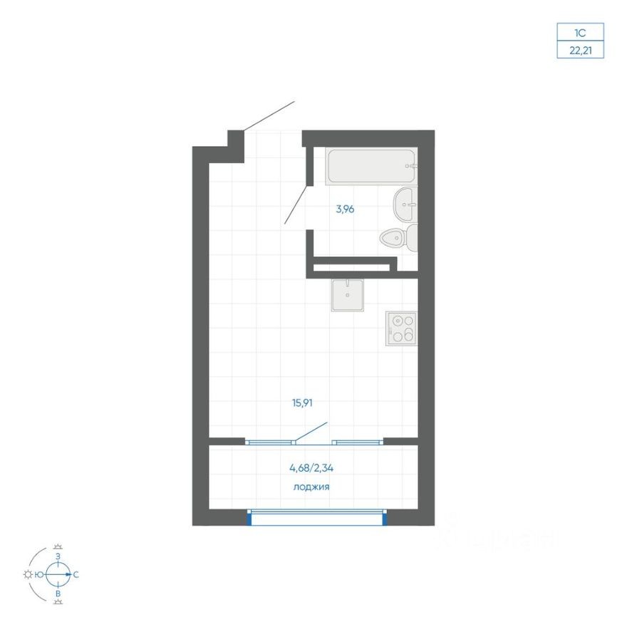 1к. квартира, 22.2 м²