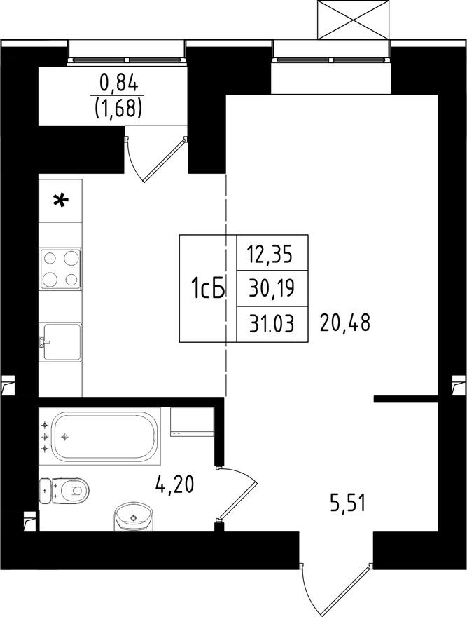 1к. квартира, 31.0 м²