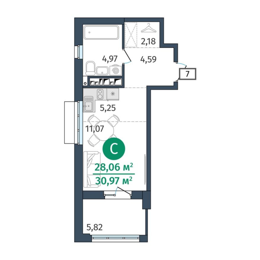 Студия-квартира, 28.1 м²