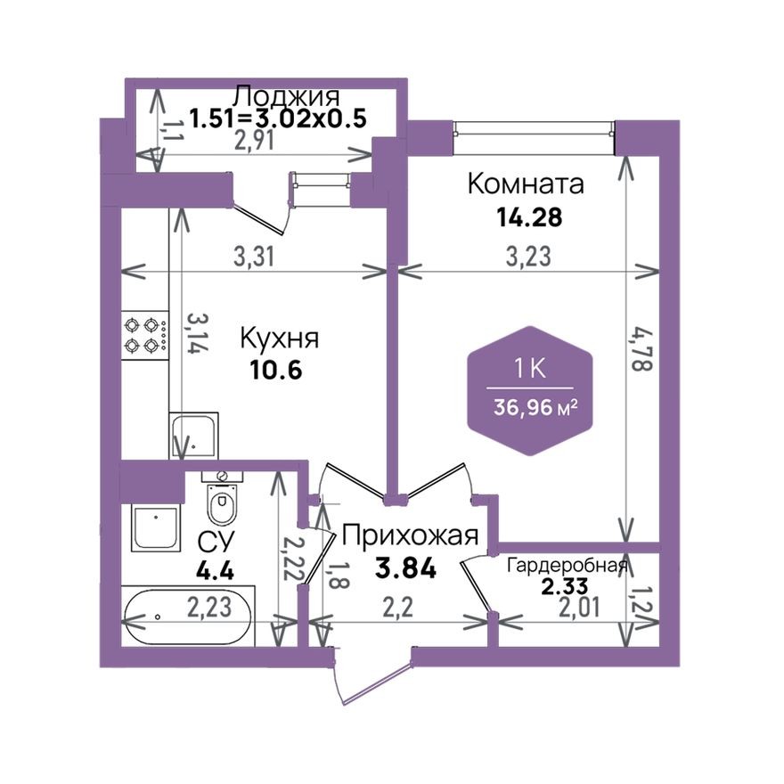 1к. квартира, 37.0 м²