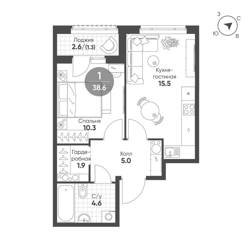 1к. квартира, 38.6 м²