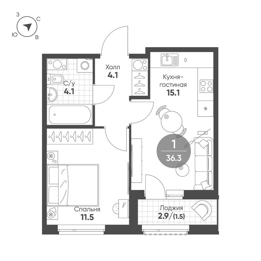 1к. квартира, 36.3 м²