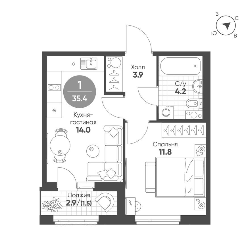 1к. квартира, 35.4 м²
