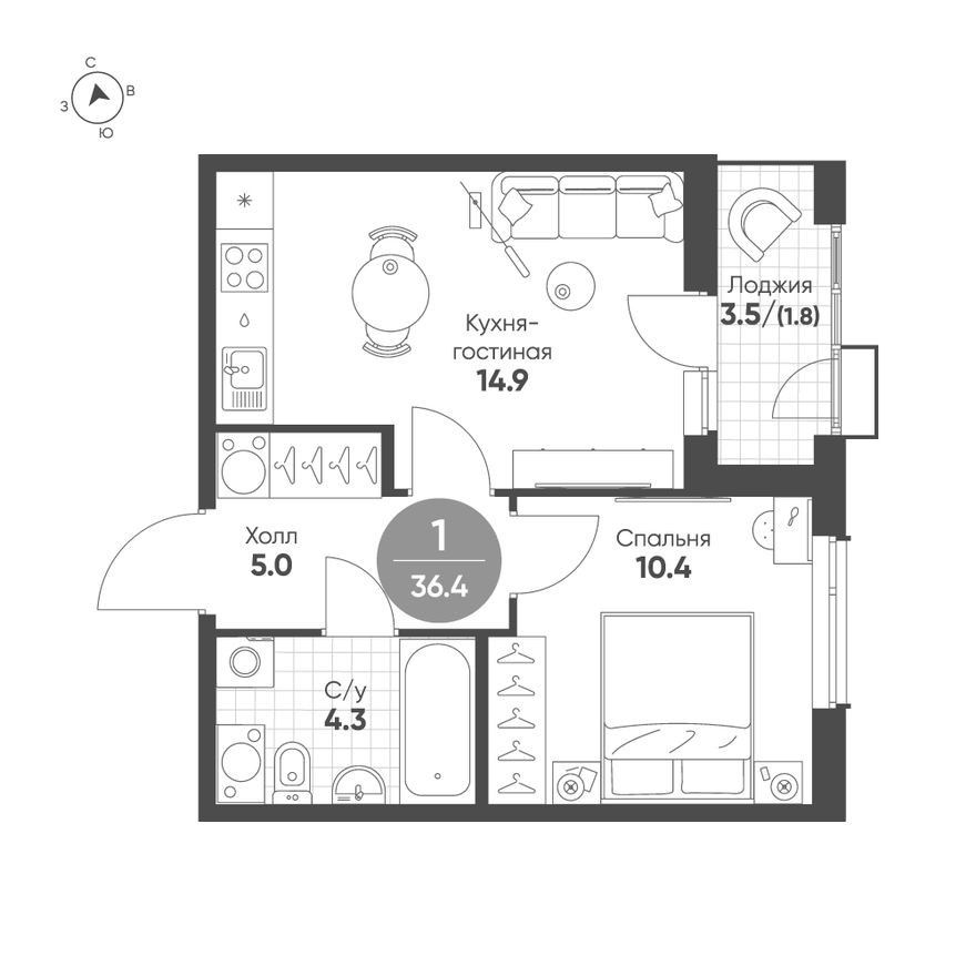 1к. квартира, 36.4 м²