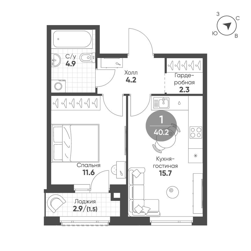 1к. квартира, 40.2 м²