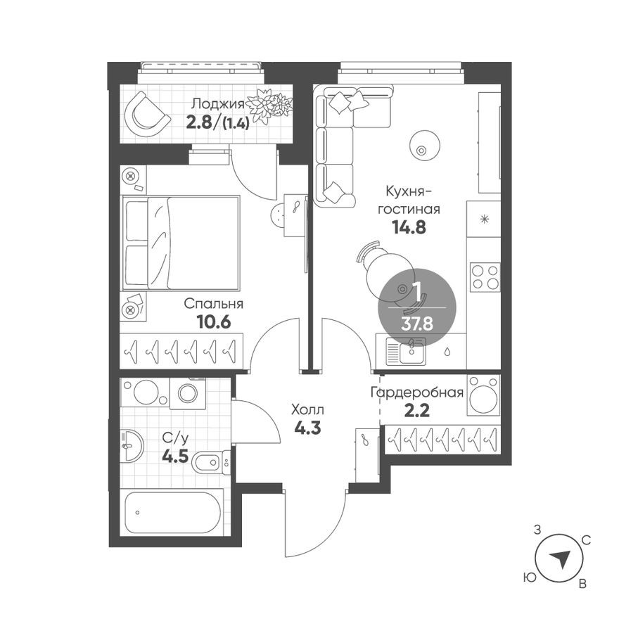 1к. квартира, 37.8 м²