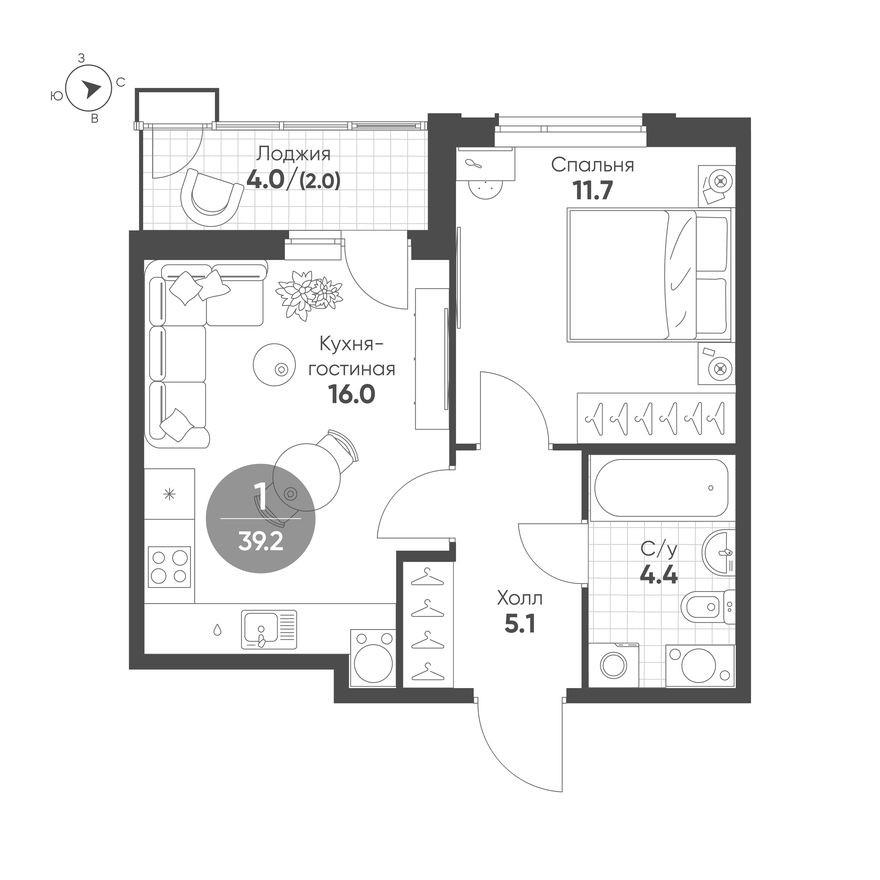 1к. квартира, 39.2 м²