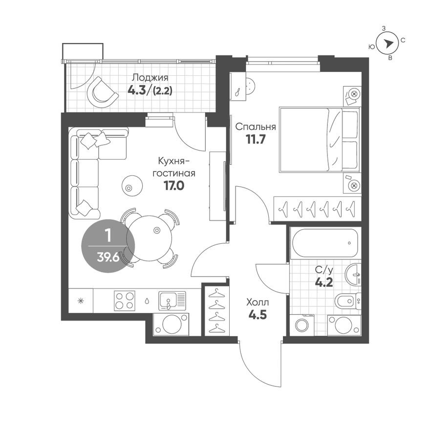 1к. квартира, 39.6 м²
