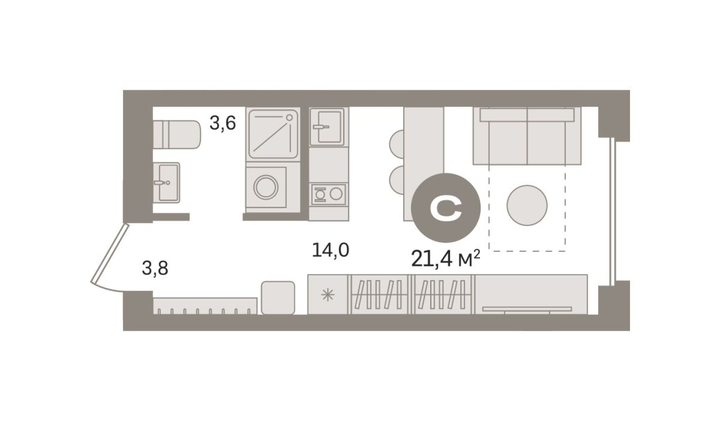 Студия-квартира, 21.4 м²