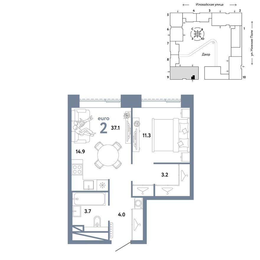 1к. квартира, 37.1 м²
