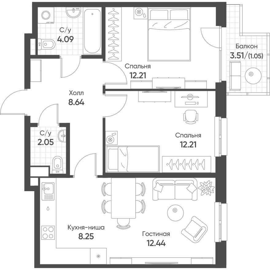 3к. квартира, 60.7 м²