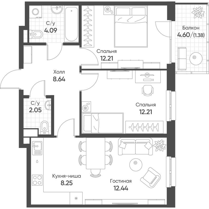 3к. квартира, 60.8 м²
