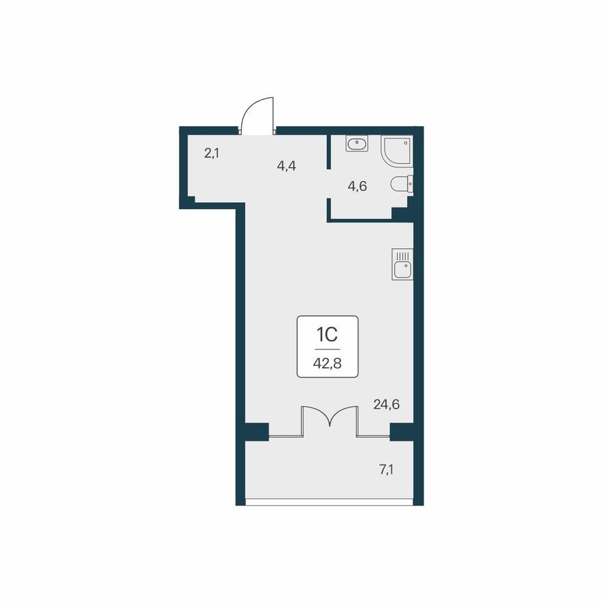 Студия-квартира, 42.8 м²
