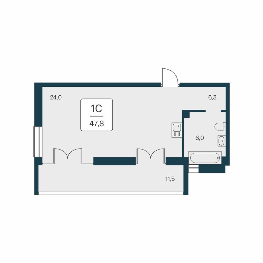 Студия-квартира, 47.8 м²