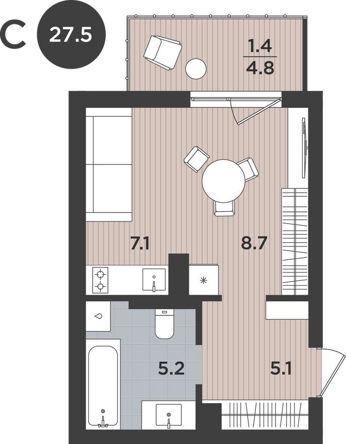 Студия-квартира, 27.5 м²