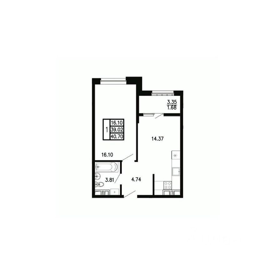 1к. квартира, 40.7 м²
