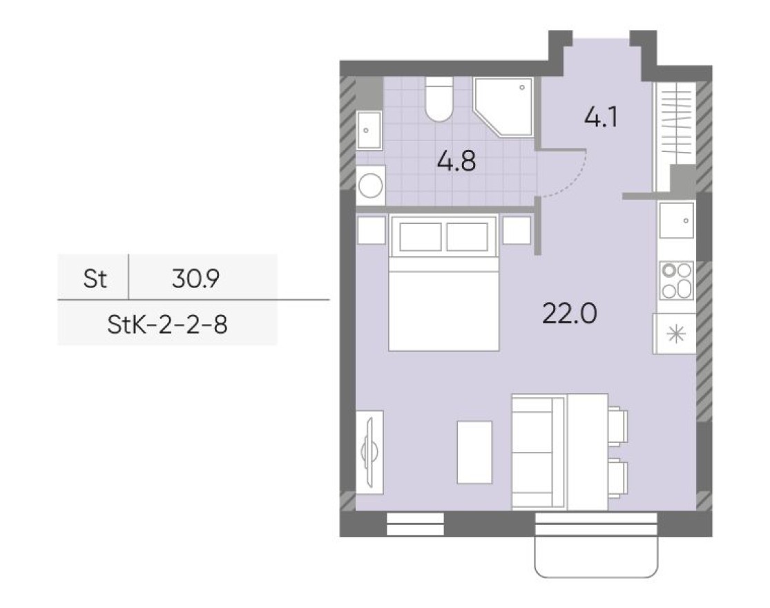 Студия-квартира, 30.9 м²