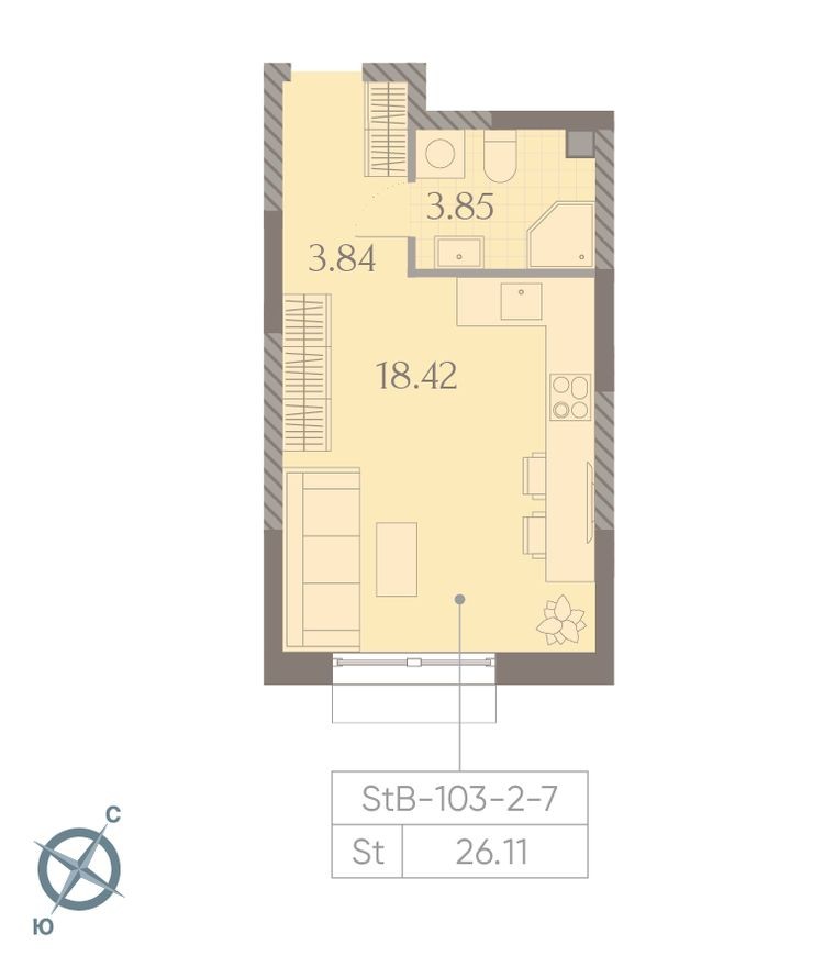 Студия-квартира, 26.1 м²