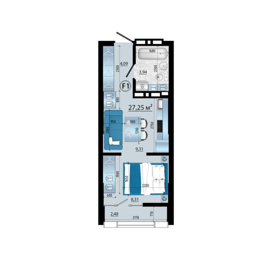 Студия-квартира, 27.3 м²
