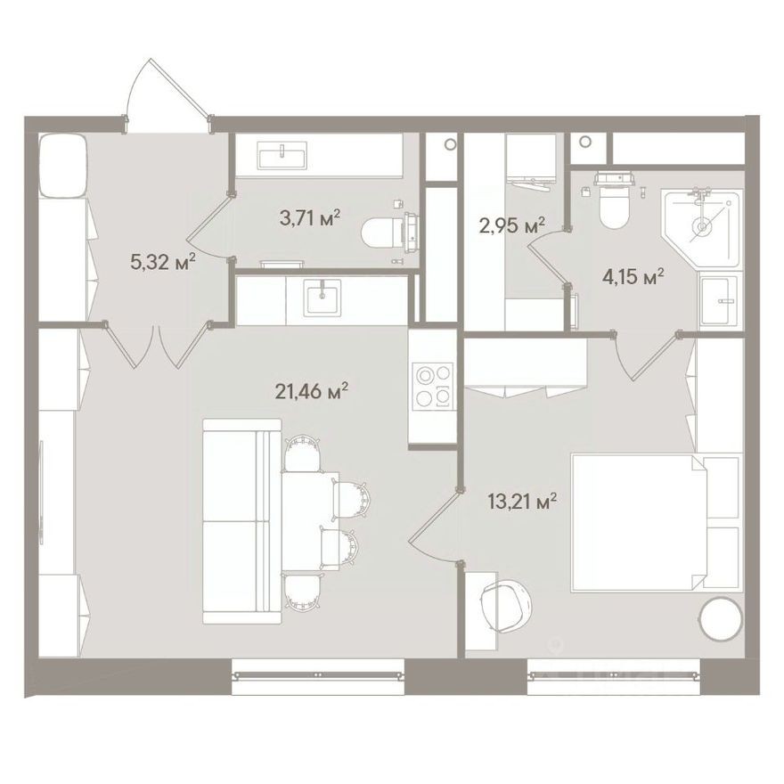 1к. апартаменты, 50.8 м²