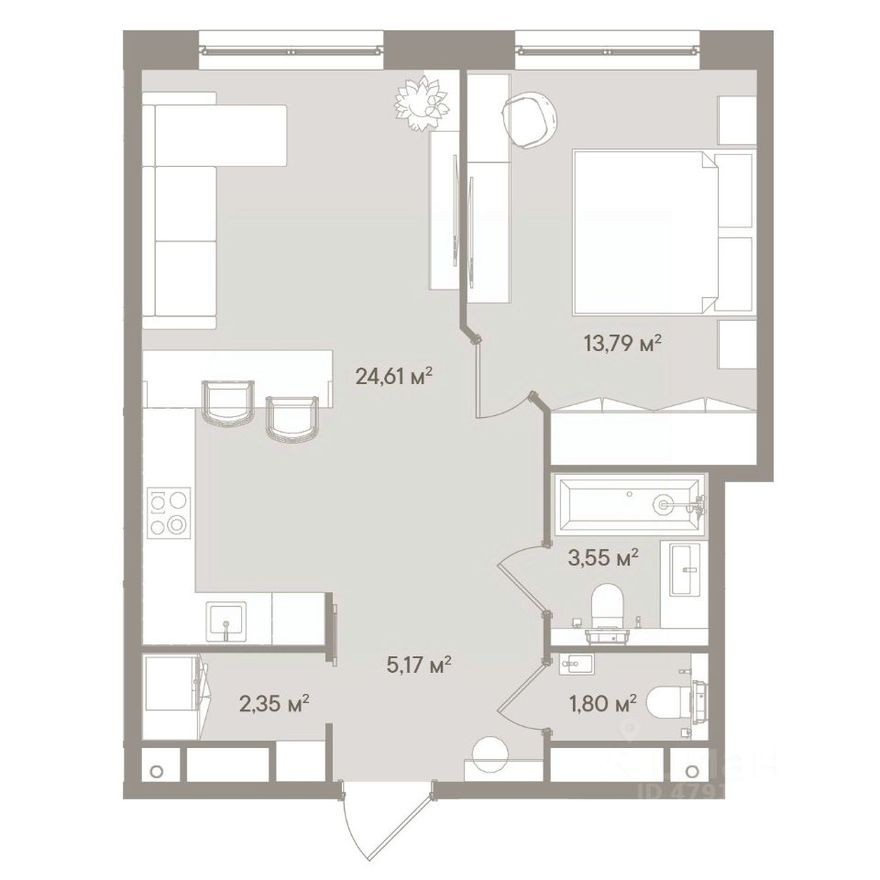1к. апартаменты, 51.3 м²
