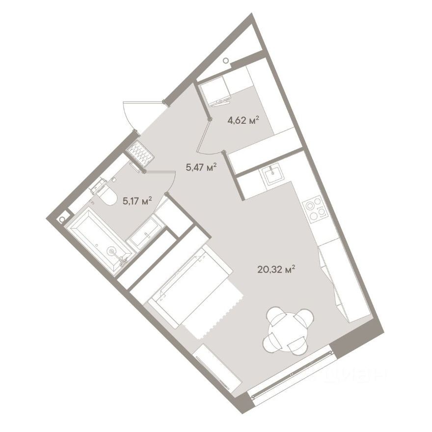 1к. апартаменты, 35.6 м²