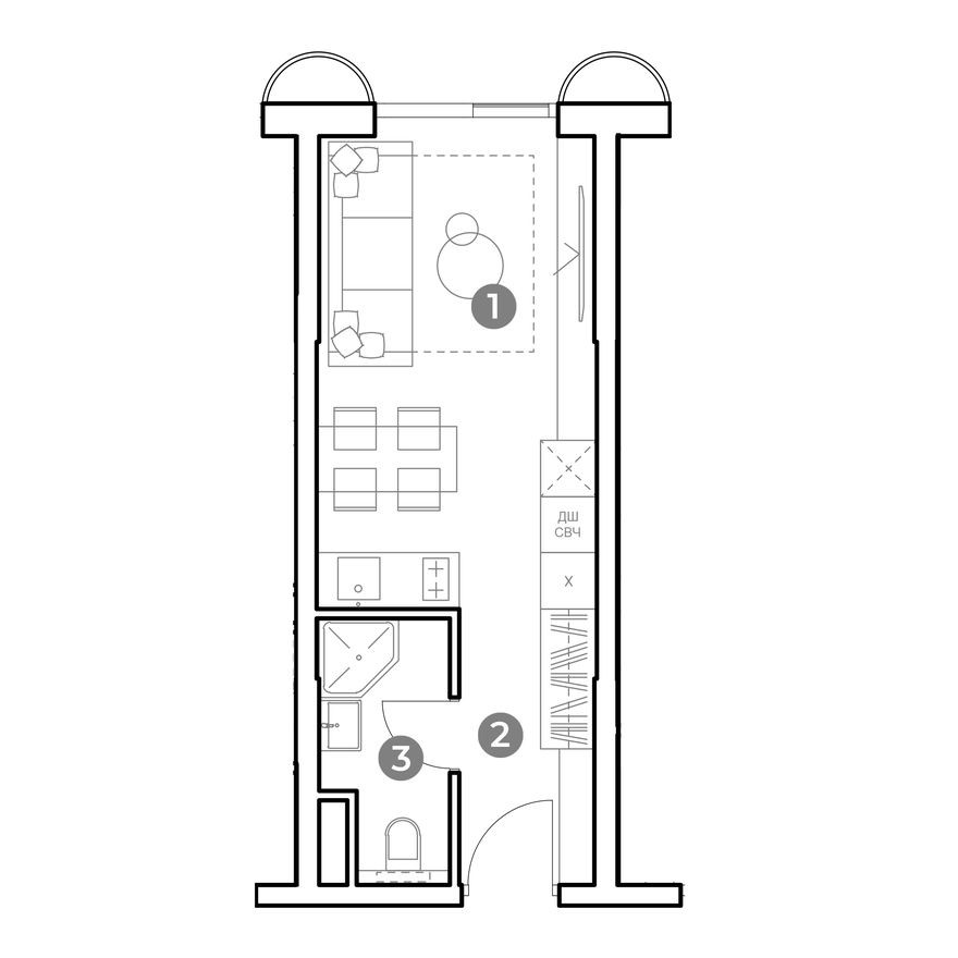 1к. апартаменты, 23.3 м²