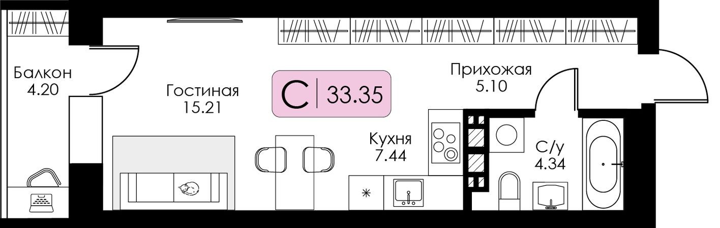 Студия-квартира, 33.4 м²