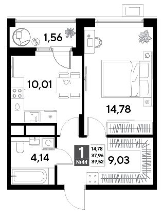 1к. квартира, 39.5 м²