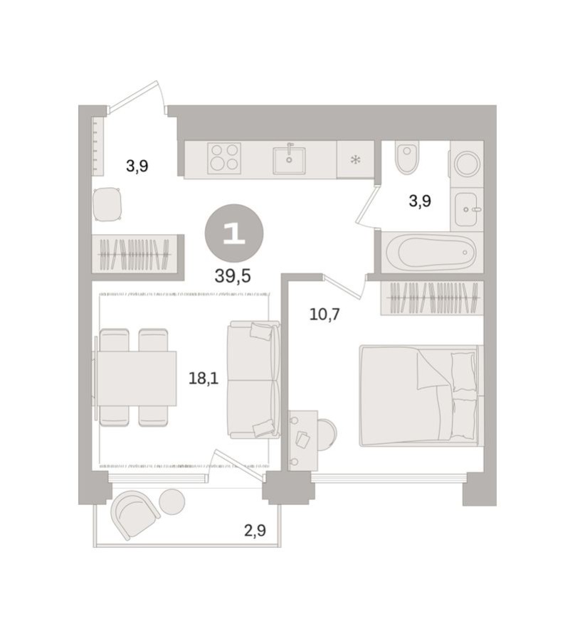 1к. квартира, 39.5 м²