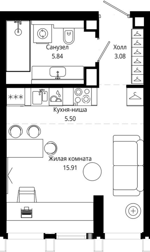 Студия-квартира, 30.4 м²