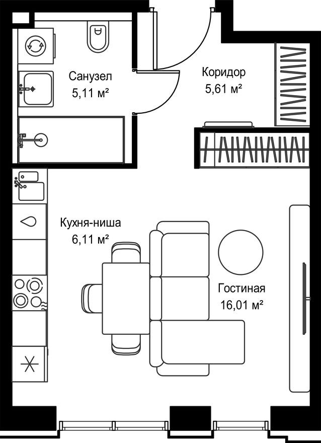 Студия-квартира, 32.8 м²