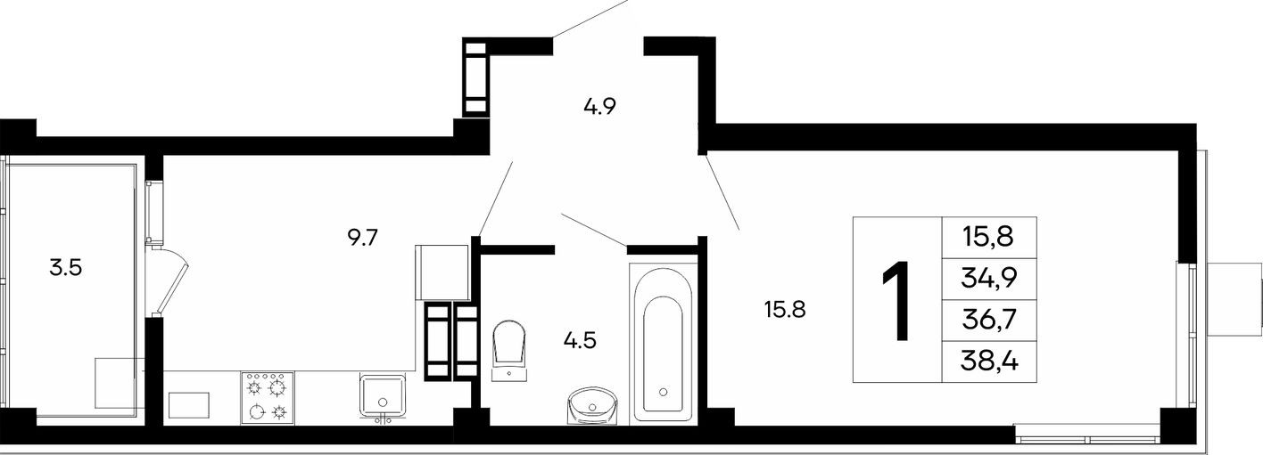 1к. квартира, 38.4 м²